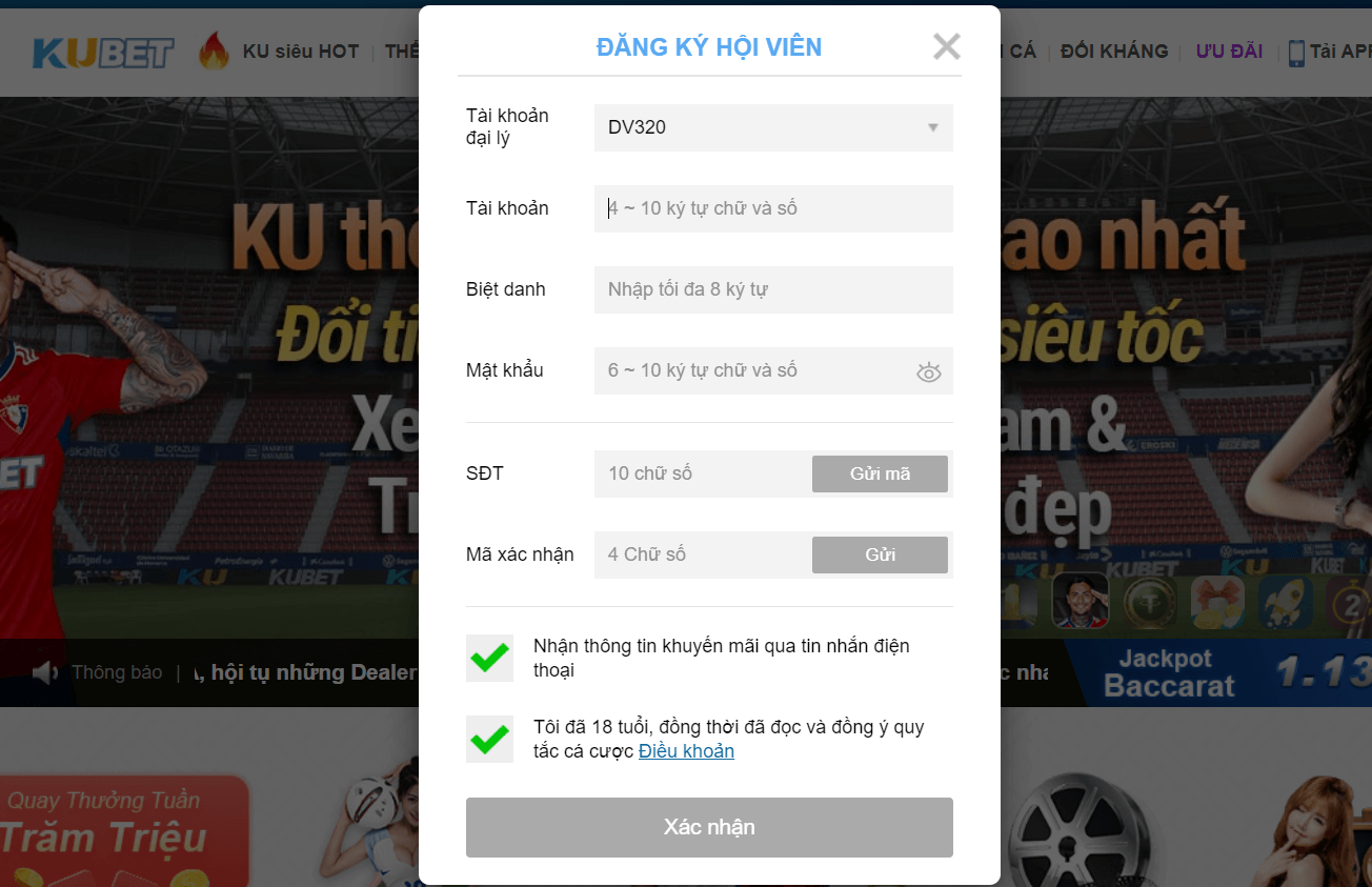 Hình mẫu đăng ký tài khoản kubet